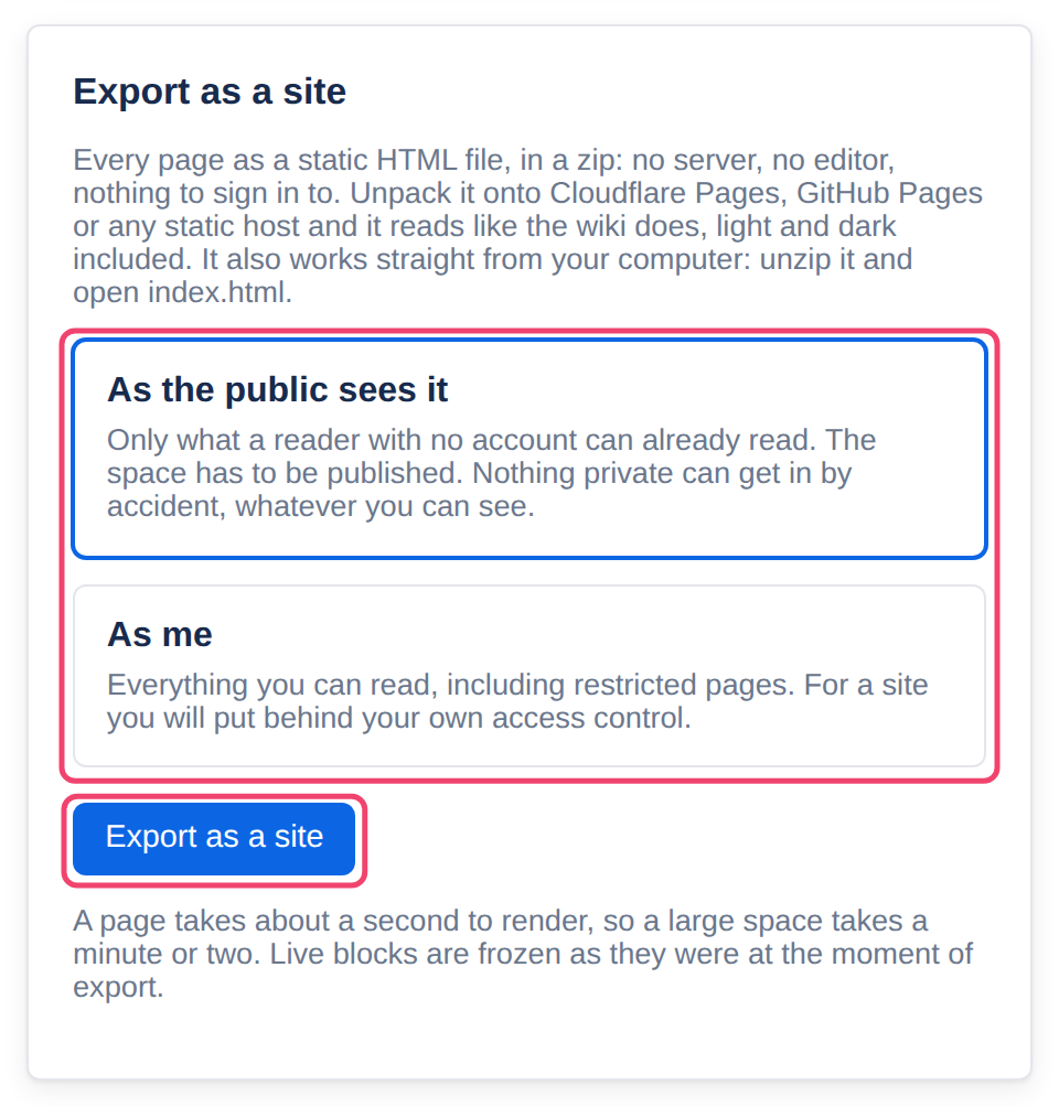 Export as a site in the space’s settings