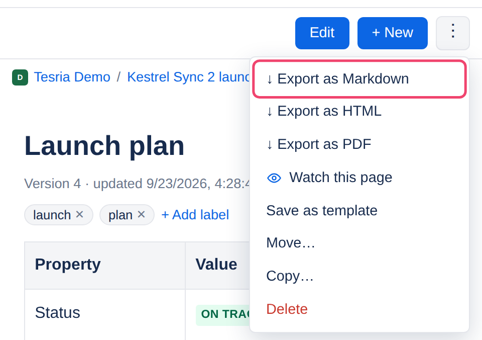 The export choices in a page’s menu