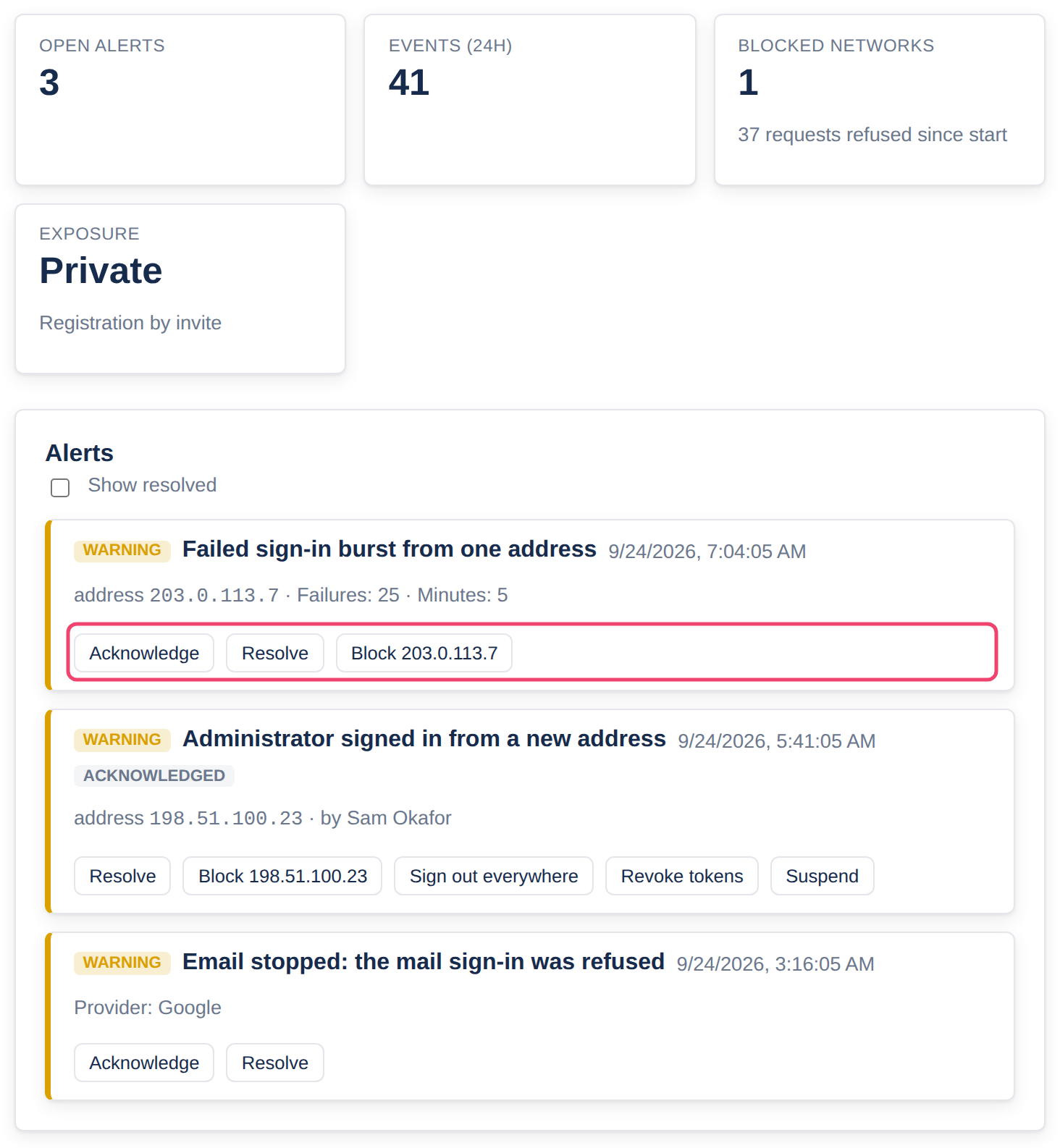 The Security tab: four figures, then the alerts, each with its buttons