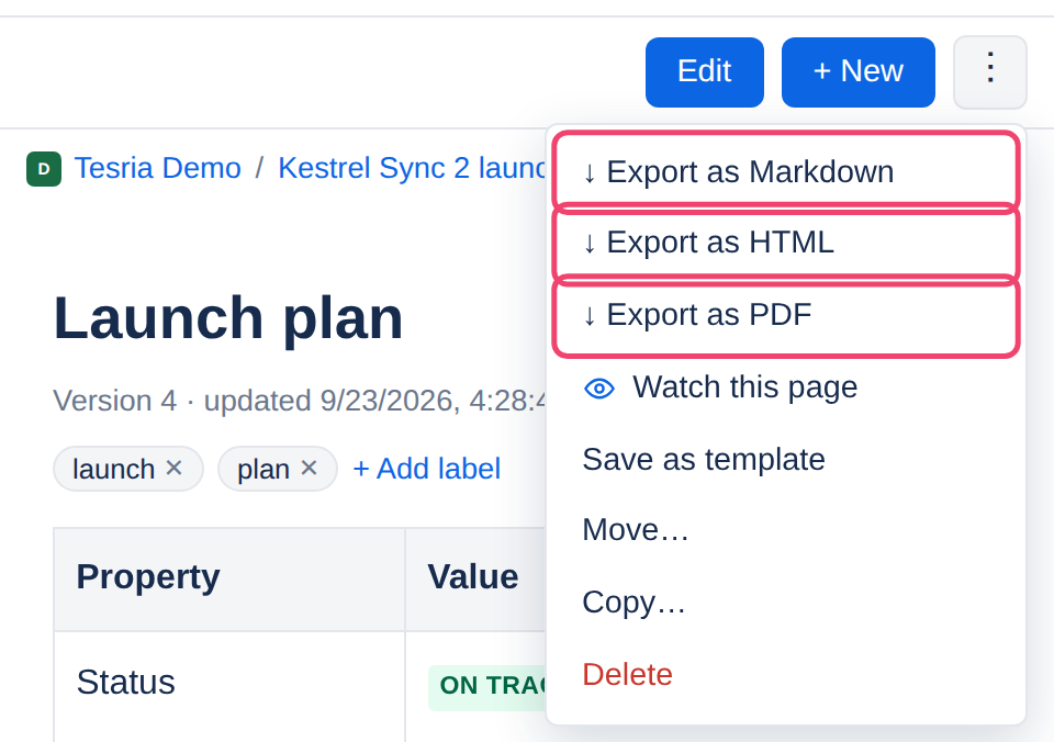 The page menu with the three exports