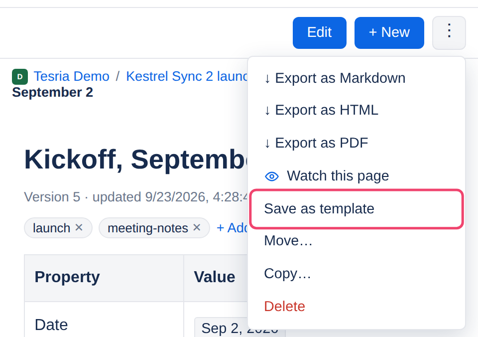 The page menu with Save as template
