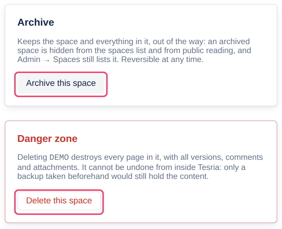 Archive this space and Delete this space in Space settings