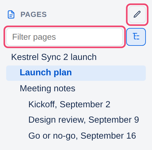 The Filter pages box and the reorder pencil above the tree
