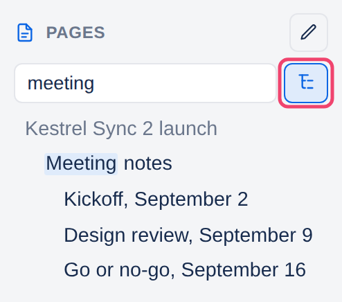 The page tree filtered by meeting, with the show the pages under each match button boxed