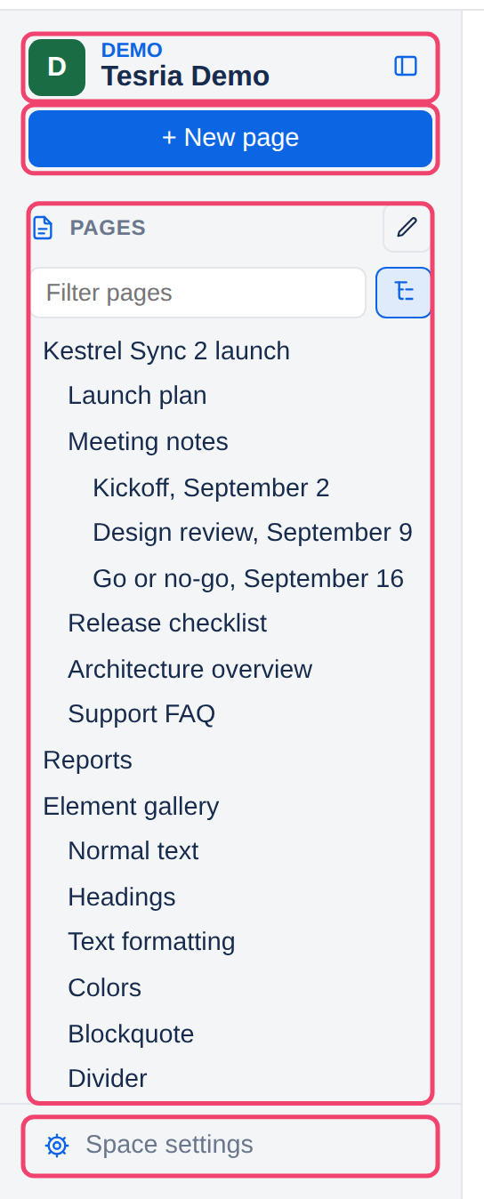 The sidebar of a space, with its four parts boxed