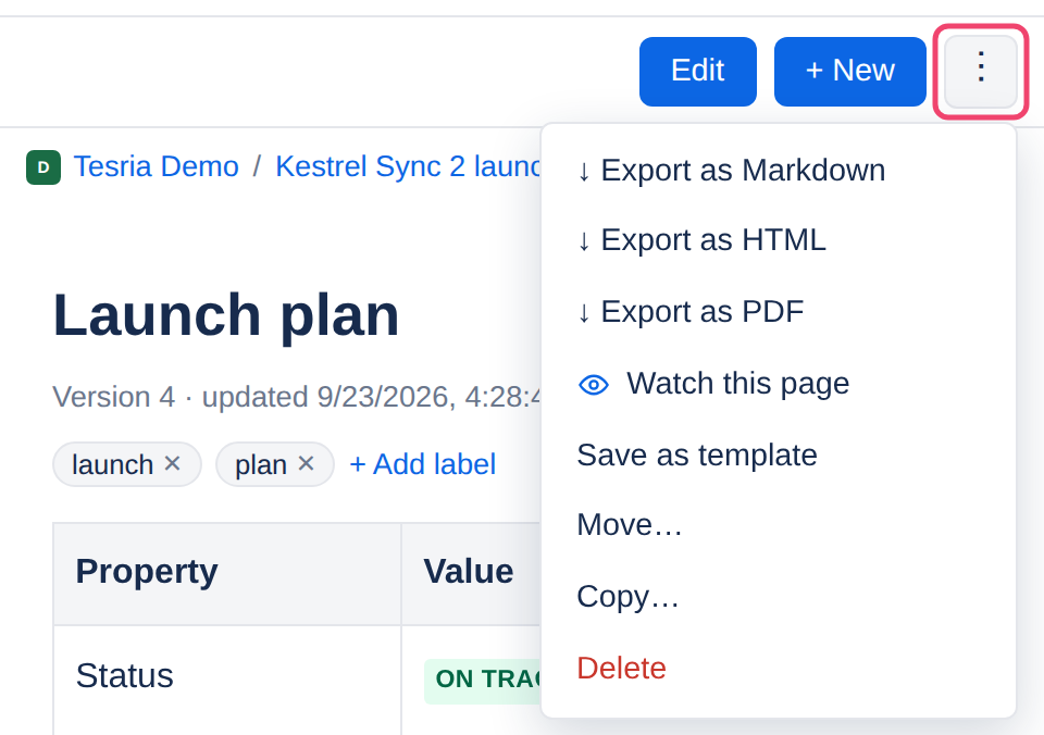 The ⋮ menu of a page, open, with its button boxed