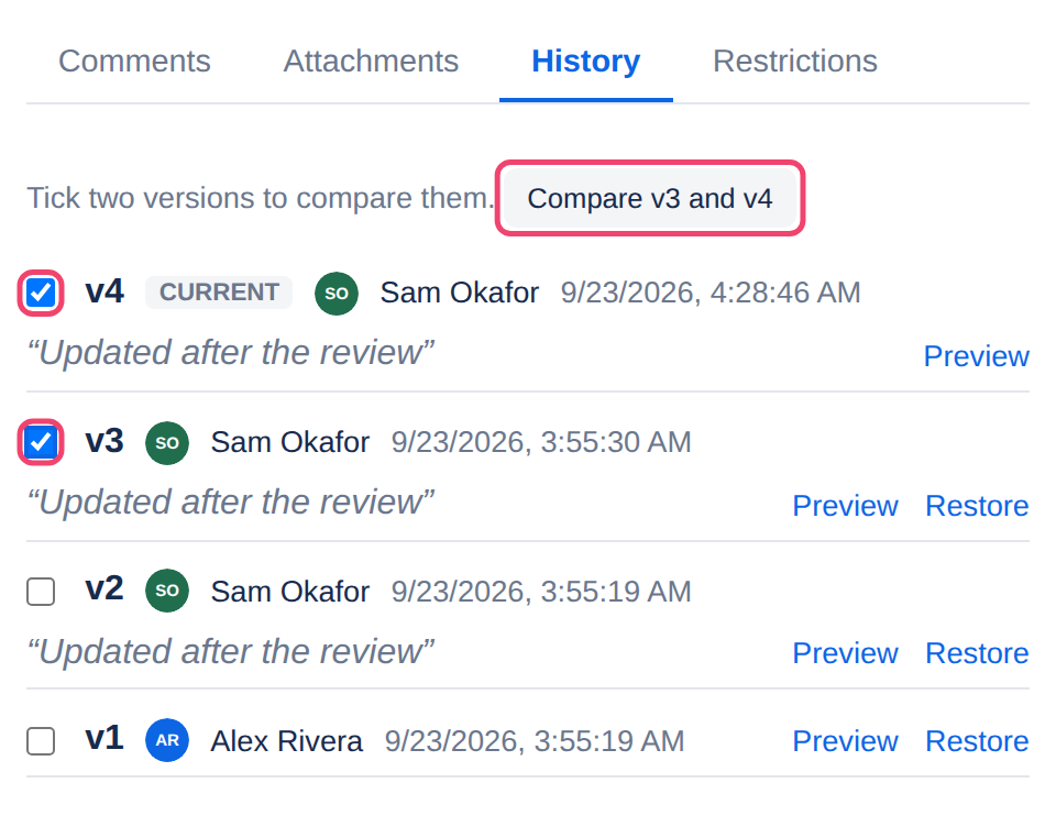 Two versions ticked in the history, and the Compare button