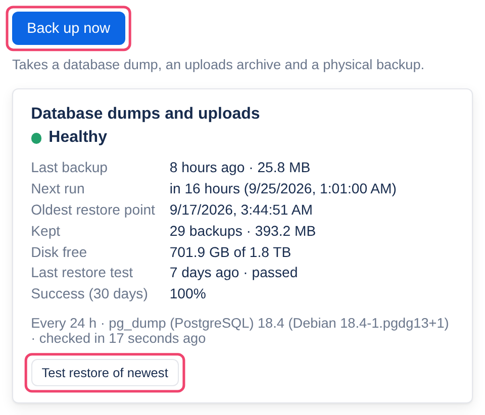The top of the Backups tab