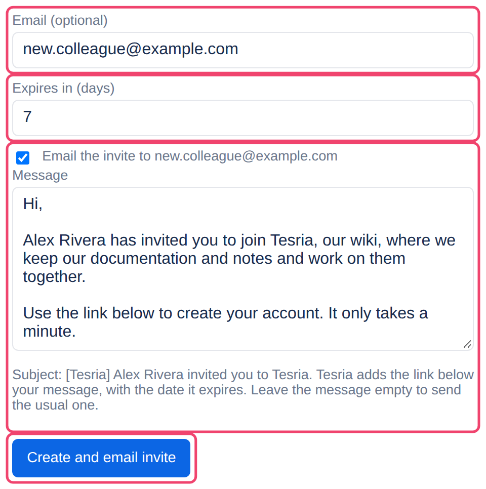 The invite form, filled in, with the email option showing