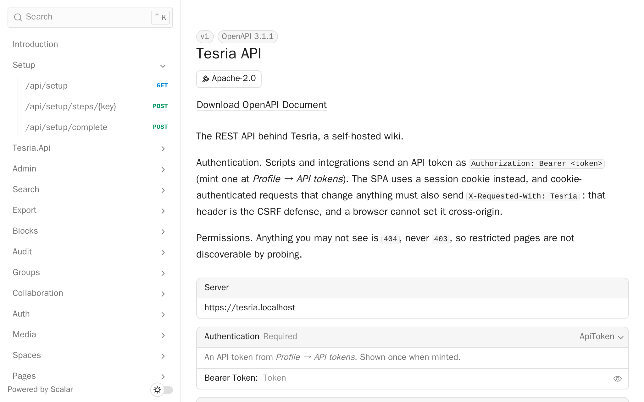 The API reference at /api/docs