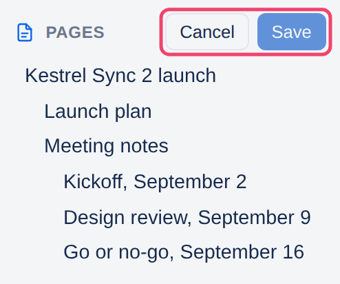 The tree in reorder mode, with Save and Cancel