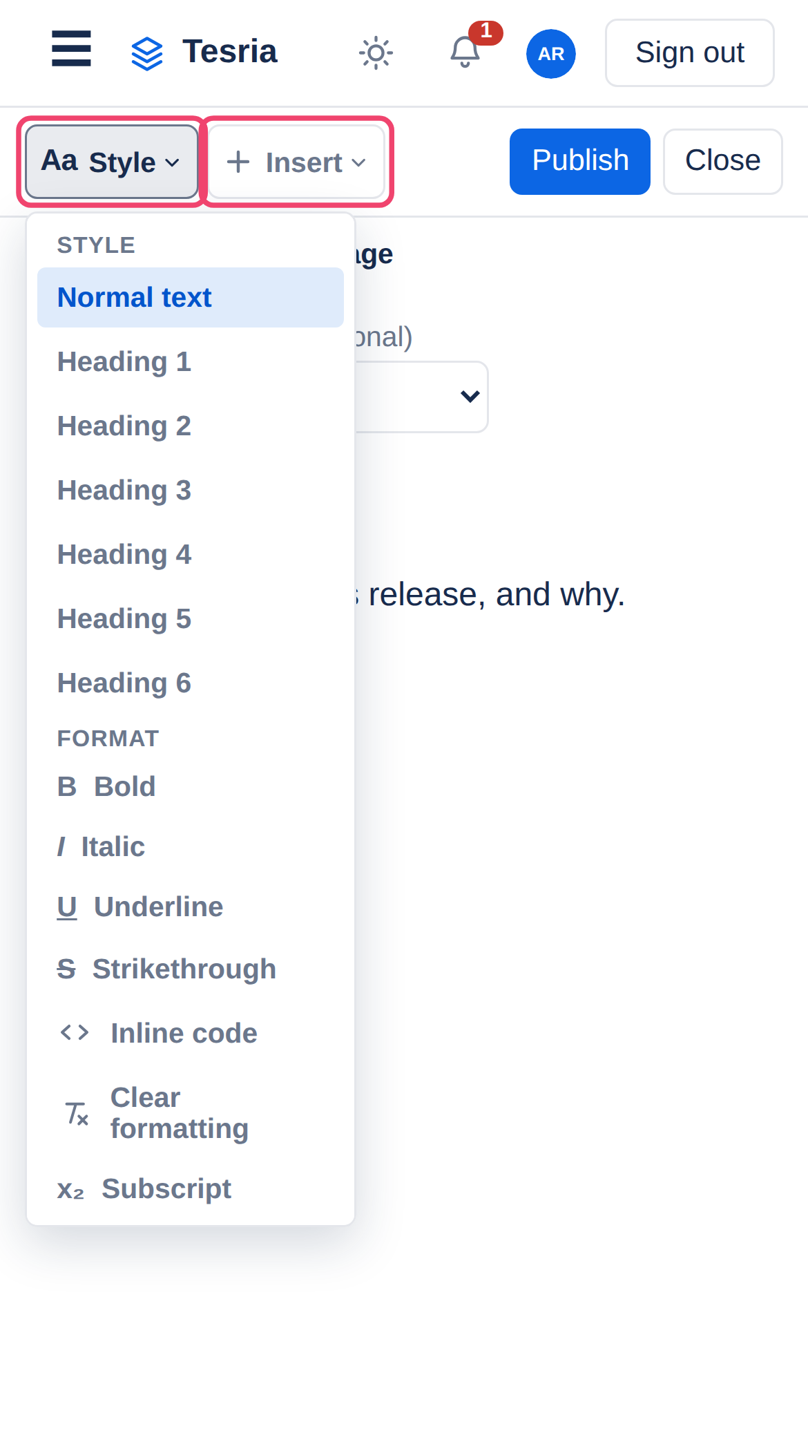 The Aa Style menu