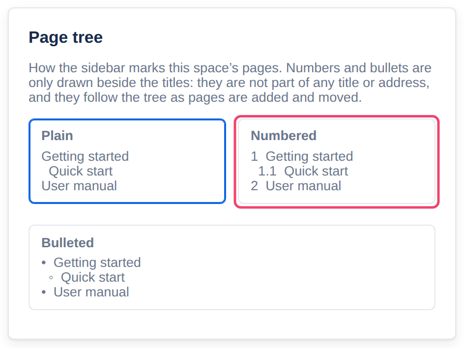 The Page tree setting, with Numbered boxed