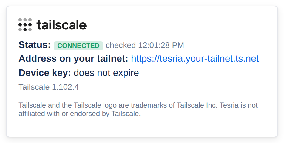 The Tailscale card in Settings: connected, its tailnet address, and when its device key expires