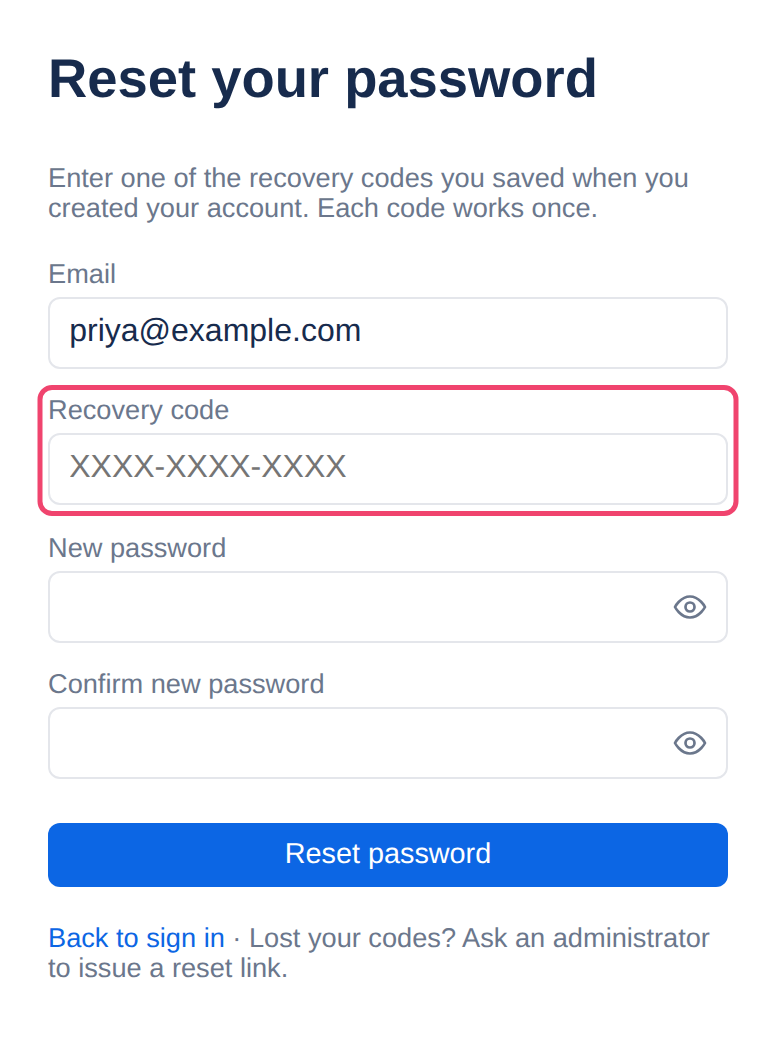 The Reset your password form, with the Recovery code box boxed