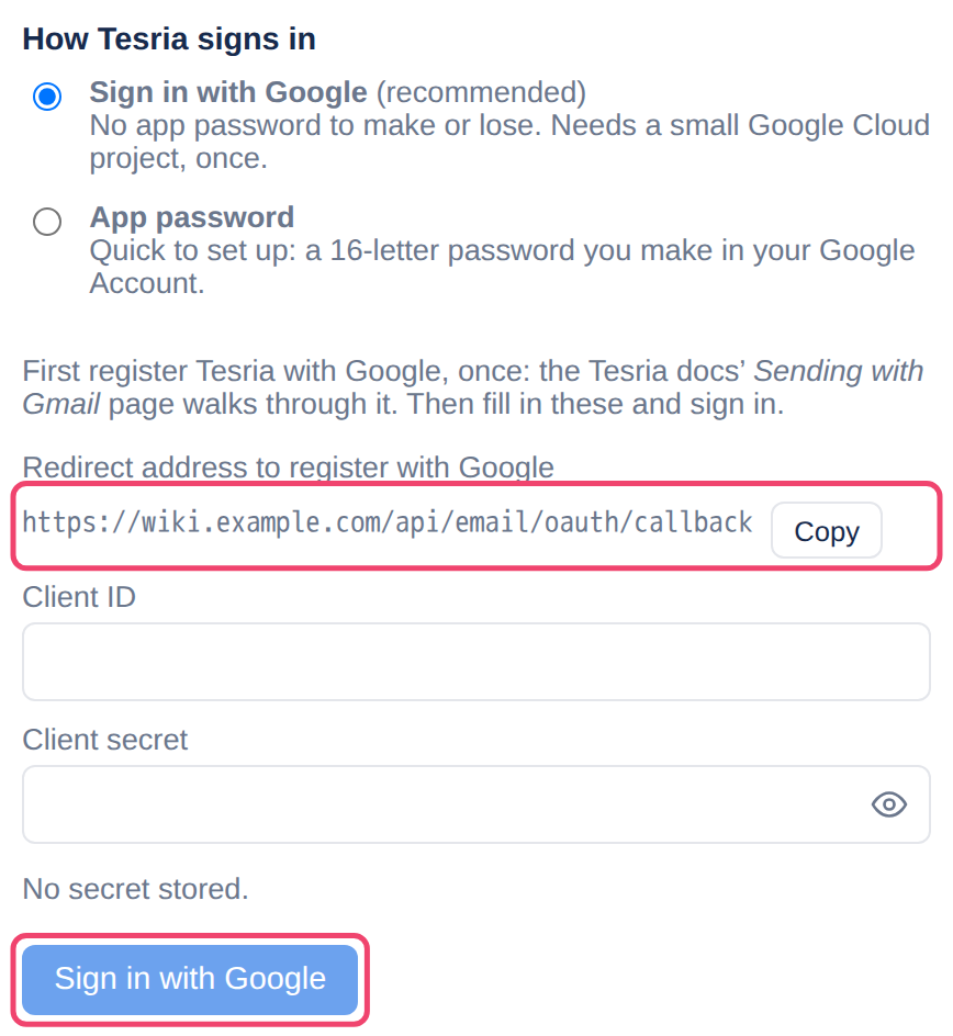 Sign in with Google chosen, with the redirect address to register, the client ID and secret, and the sign-in button