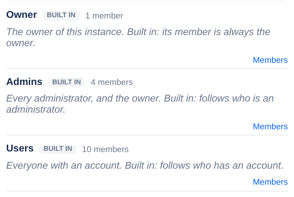 Groups, including the three built in