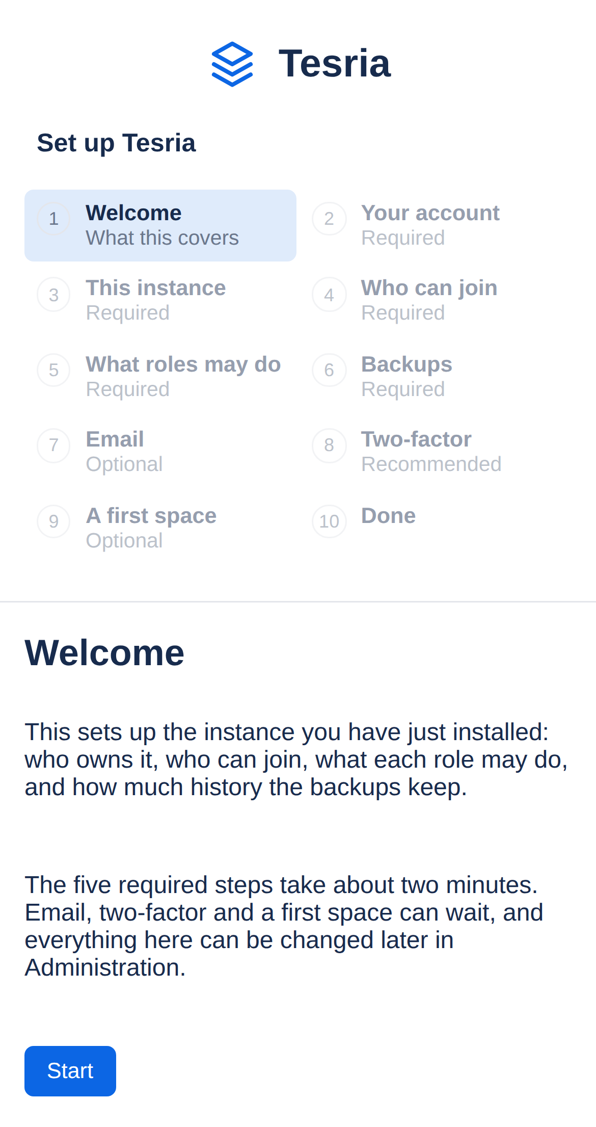 The setup wizard on a phone, with the steps above the first question