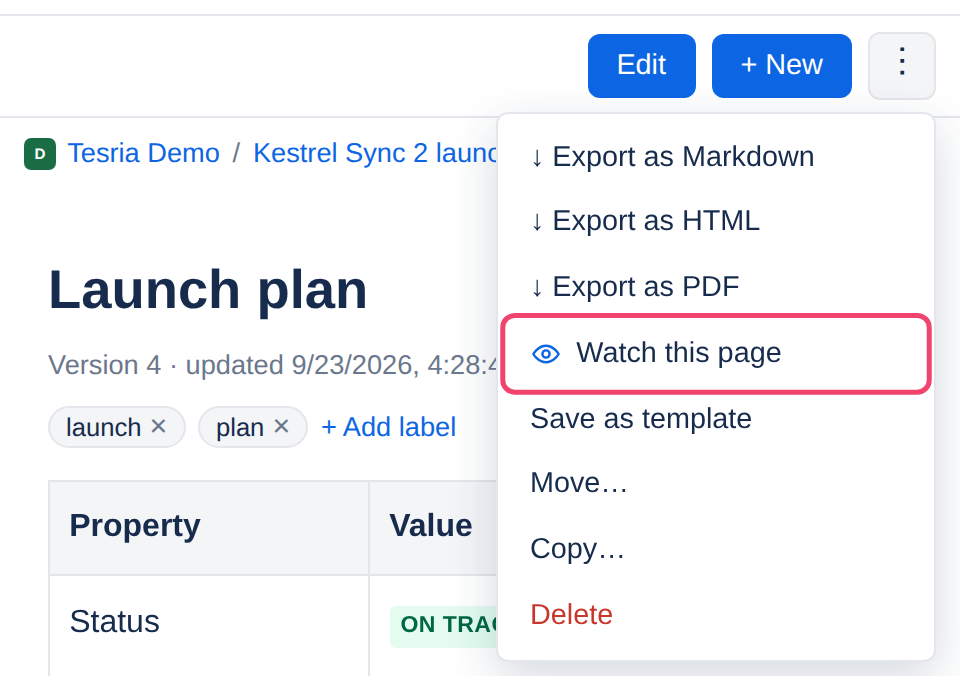 The page menu with Watch this page