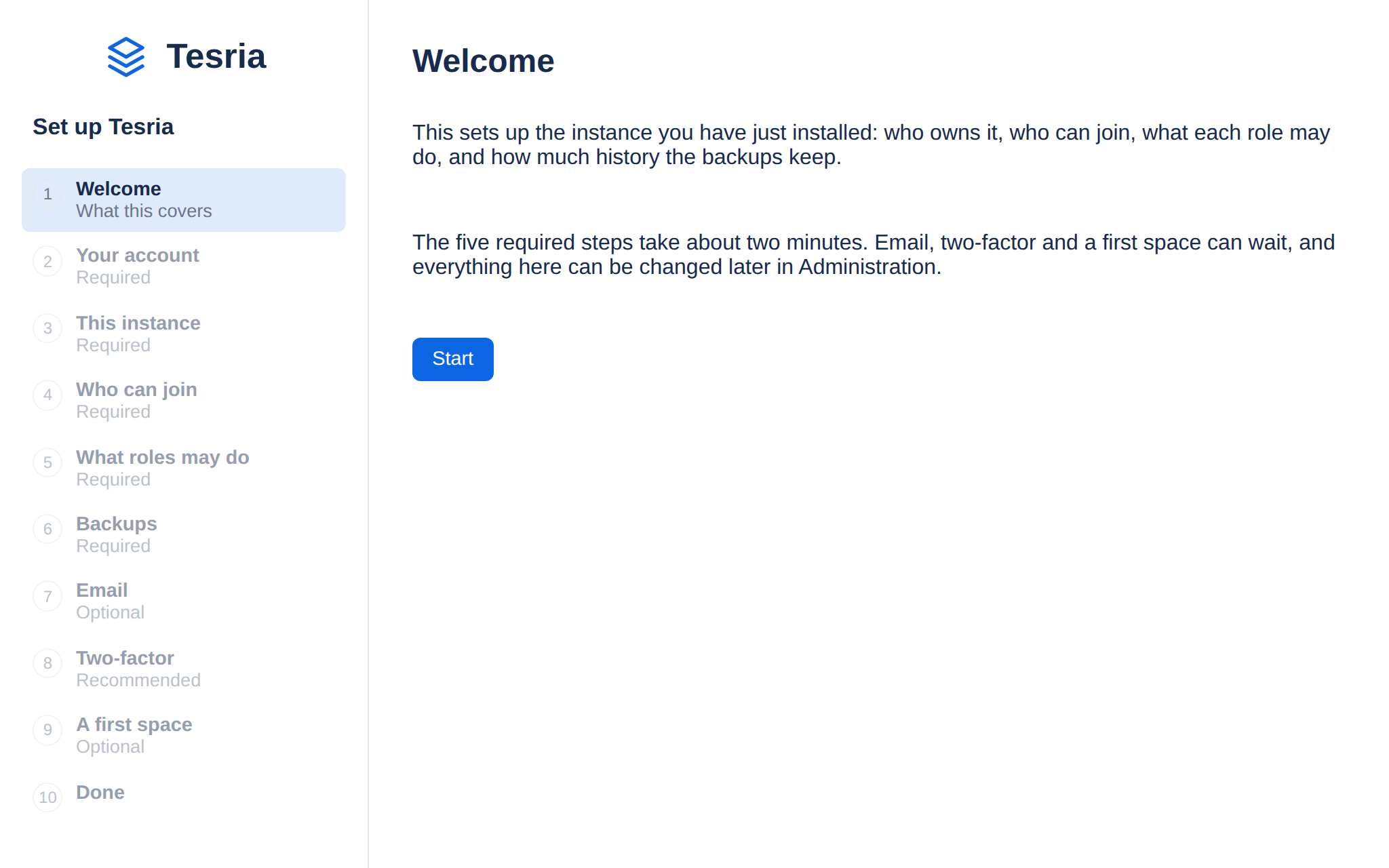 The setup wizard, with its ten steps listed on the left