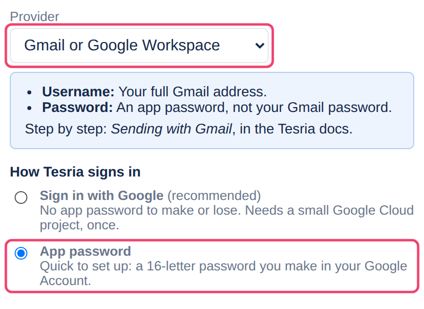 The Provider list set to Gmail, with what goes in the username and password, and App password chosen