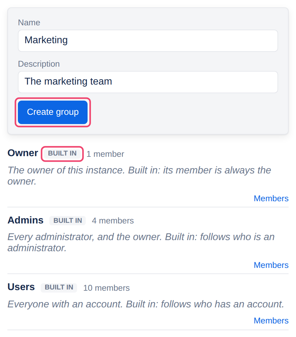 The new group form, and the built-in groups