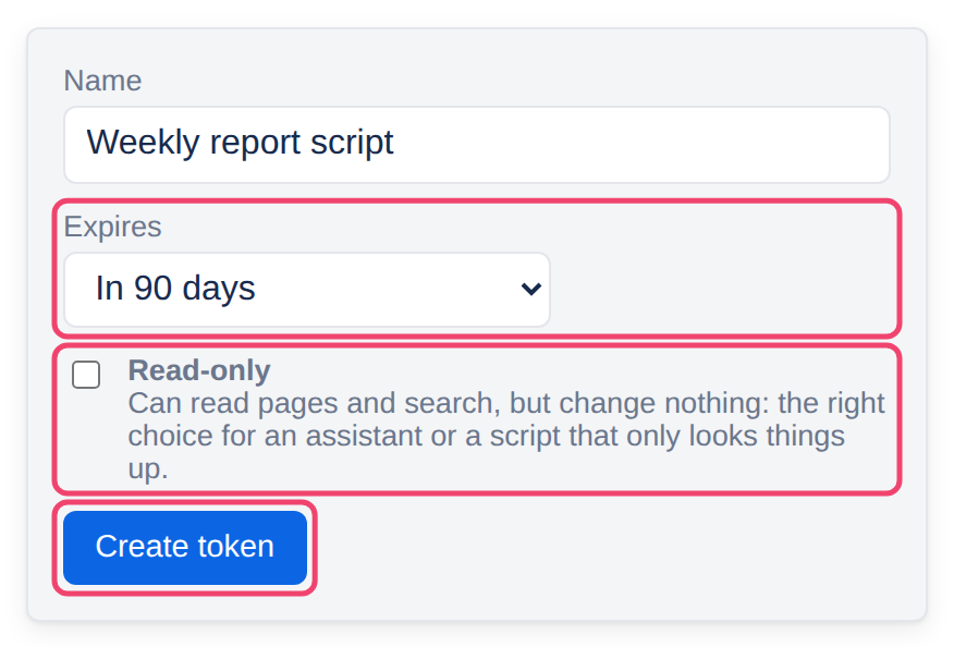 The API tokens form on the profile