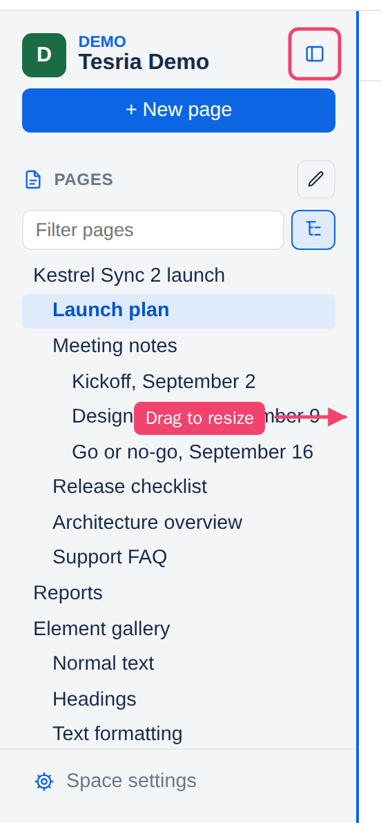 The space sidebar, with the hide button boxed and an arrow at its right edge