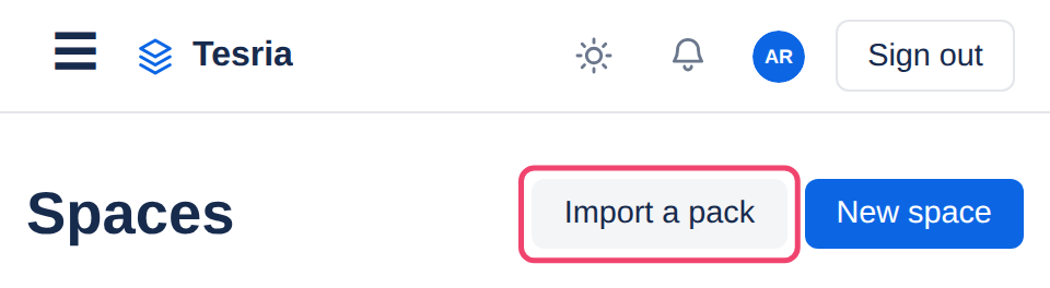 The Spaces page with Import a pack