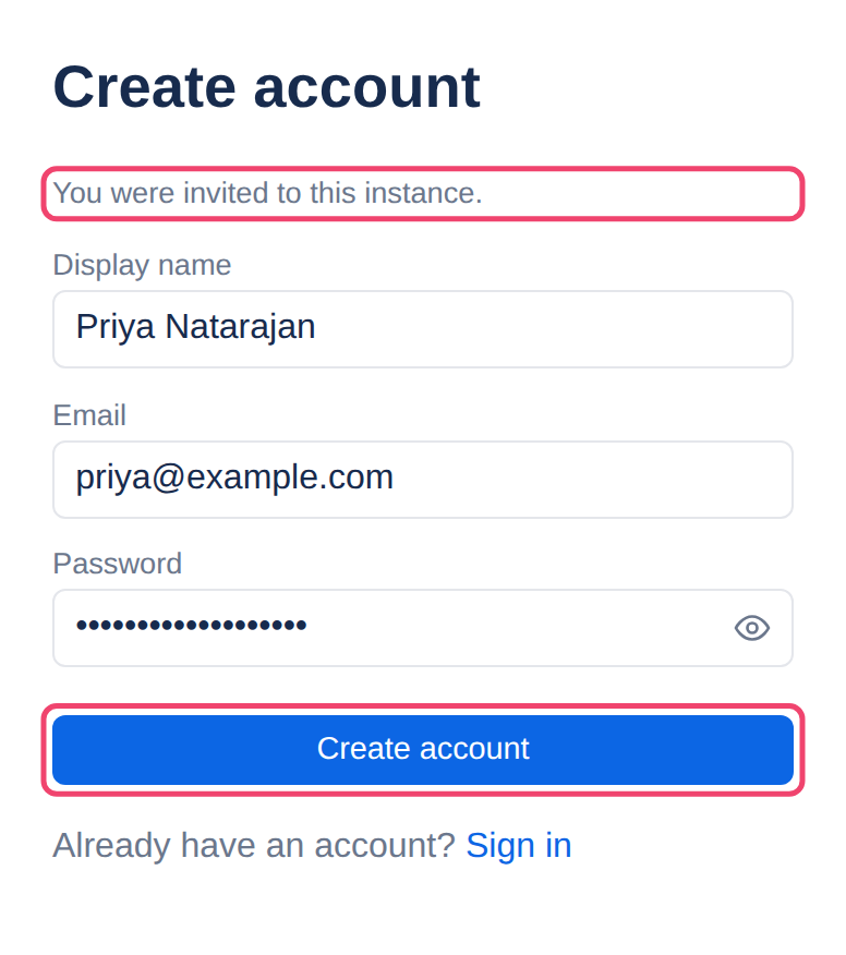 The Create account form opened from an invite