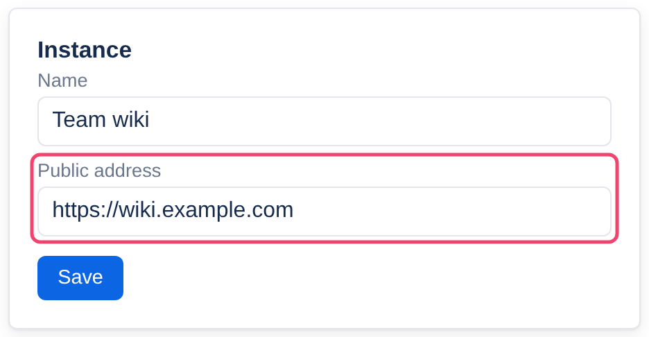 The Instance settings, with an example address