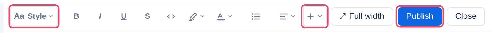 The editor’s toolbar, with the text style menu, the + menu and Publish boxed