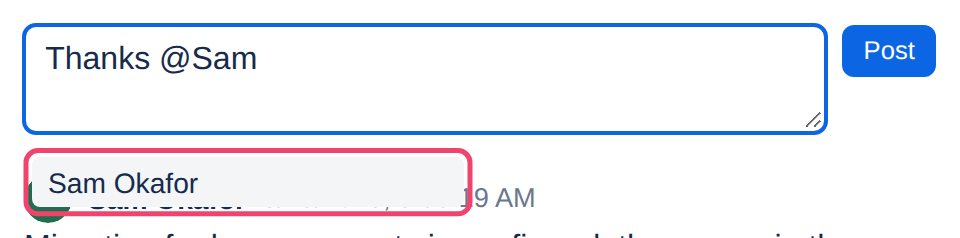Suggestions after typing @ in a comment