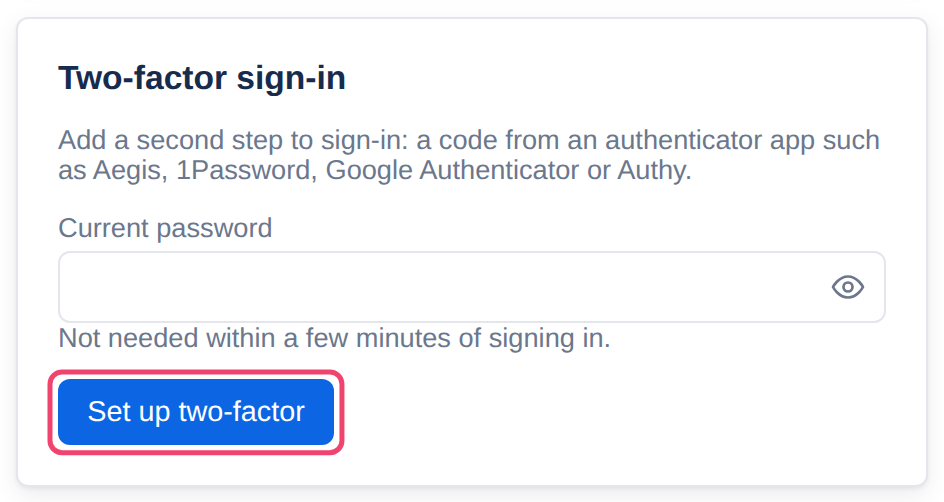 The Two-factor sign-in card on the profile, with Set up two-factor boxed