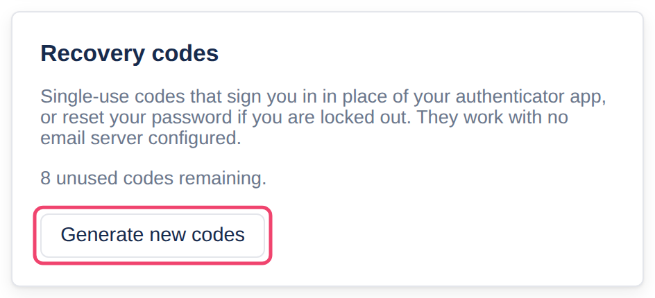 The Recovery codes card, with Generate new codes boxed