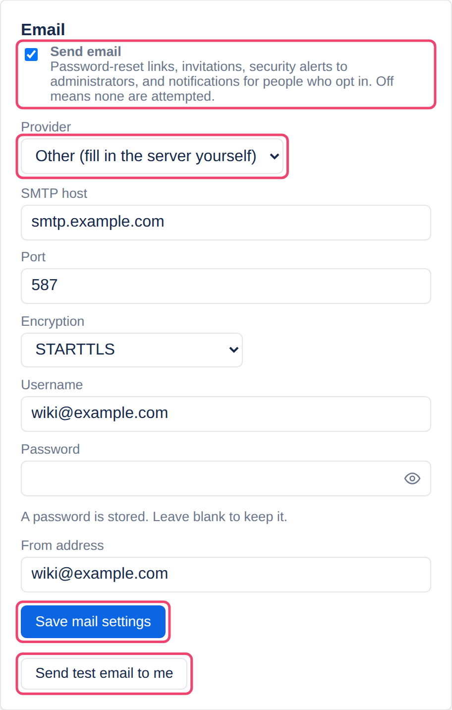 The Email settings, filled in with example values