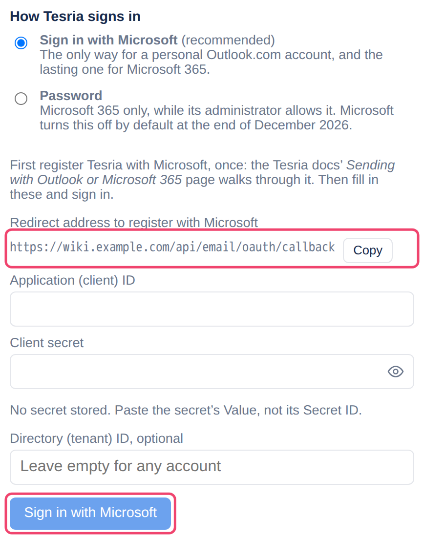 Sign in with Microsoft chosen, with the redirect address to register, the application ID, secret and directory ID, and the sign-in button