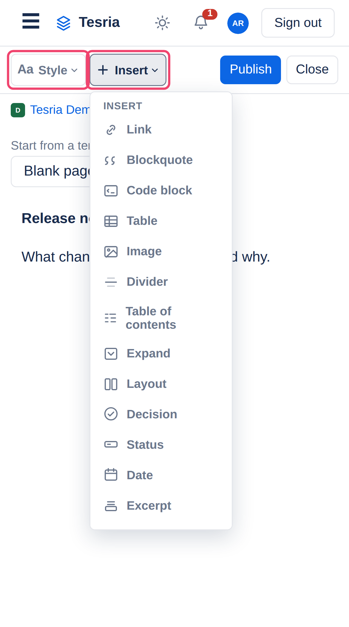 The + Insert menu