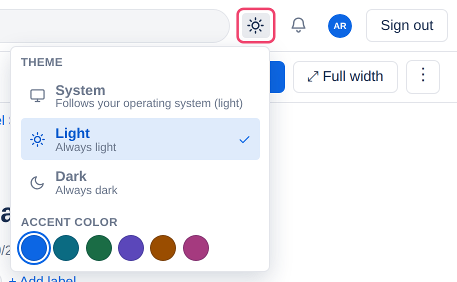 The appearance menu open under its button in the top bar