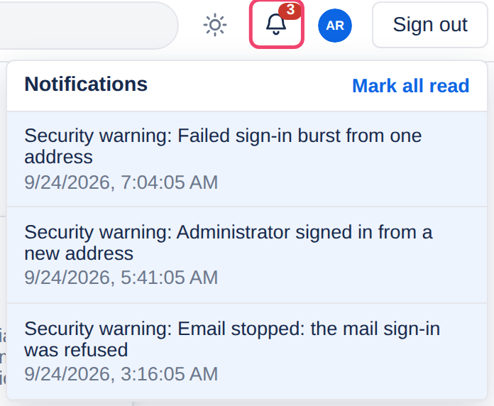 The notification bell open, with three security alerts in it