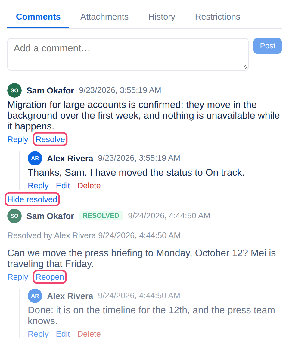 A page’s comments, with a resolved thread shown