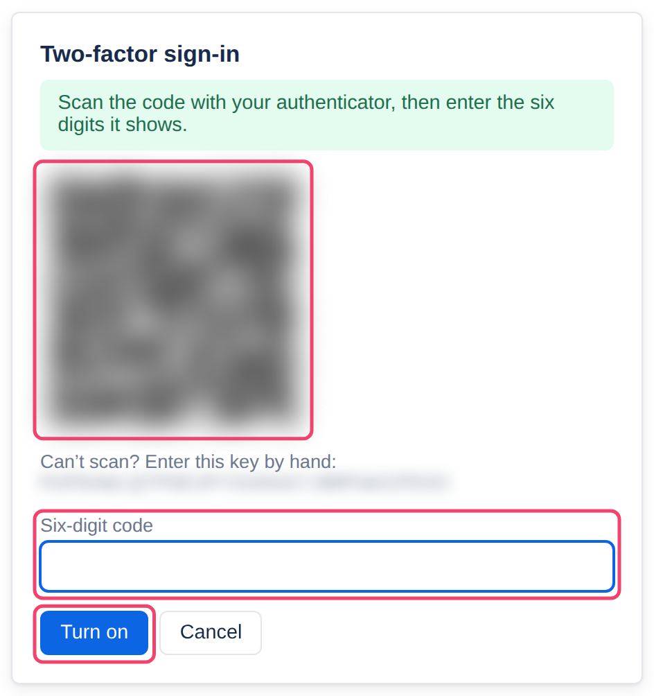 The setup step: a QR code, the six-digit code box and Turn on