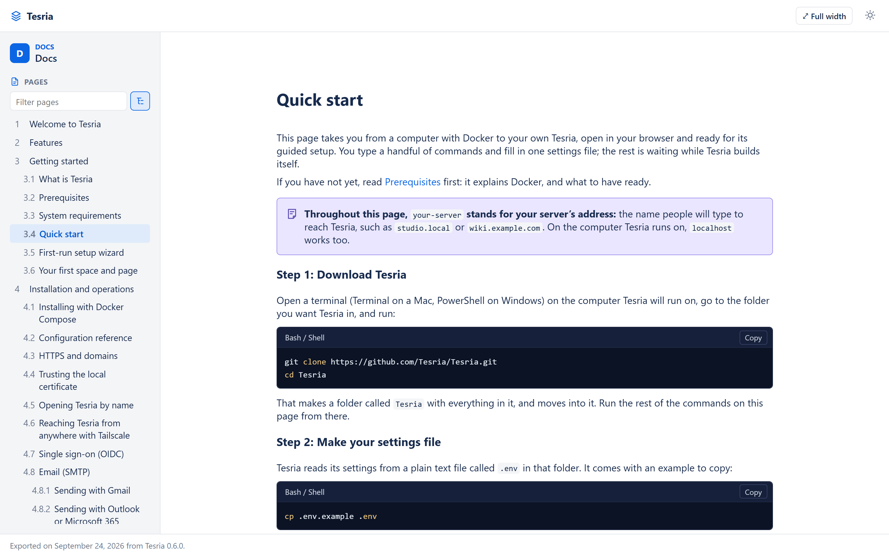 The Tesria documentation site: a page tree on the left and a page on the right